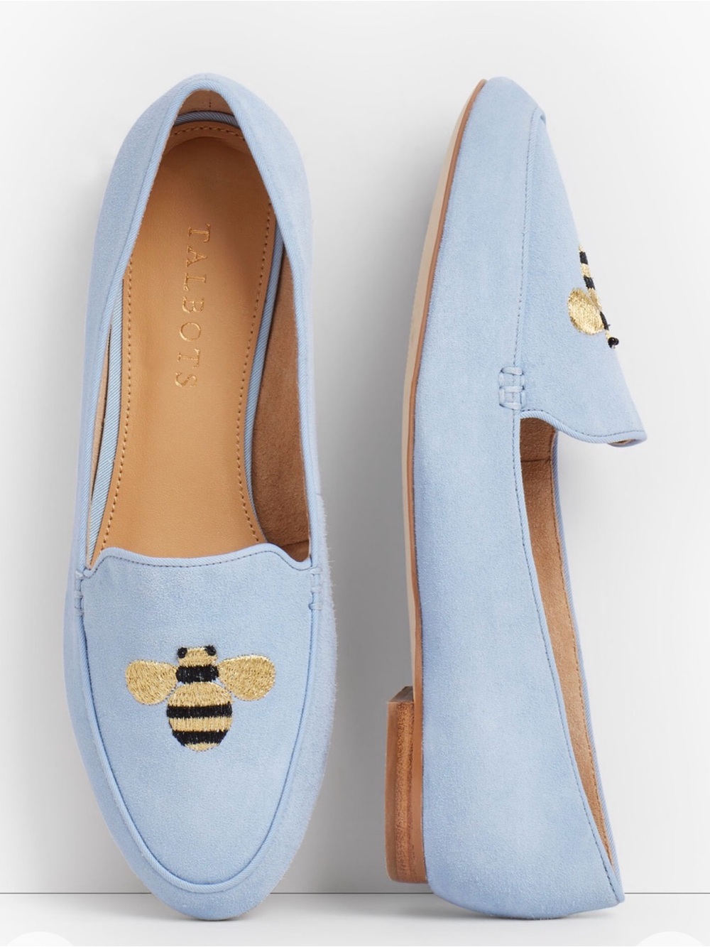 Talbots Ryan Loafers Light Blue Suede with Bumblebee Embroidery sz 7.5